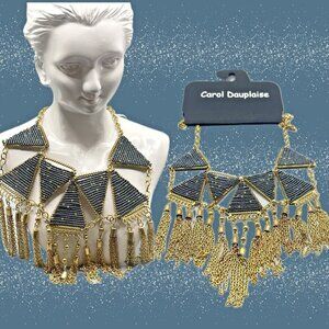 Carol Dauplaise Navy Blue-Gold Geometric Bead Tassel Statement Bib Necklace